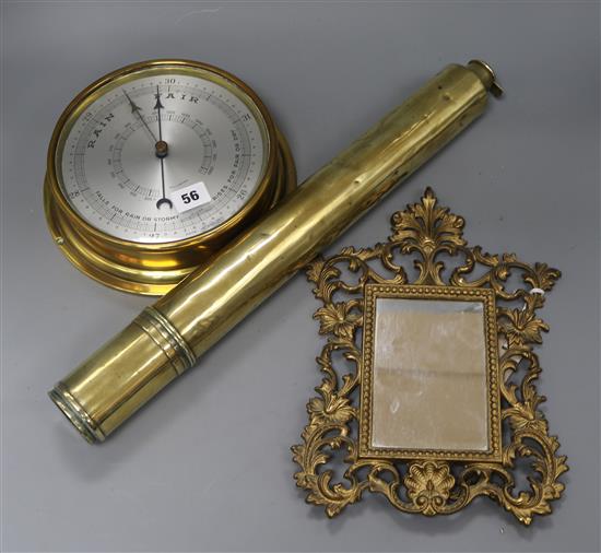A Blakeley & Co brass day and night telescope, together with brass barometer and gilt metal framed mirror